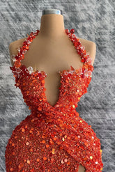 Red Halter Deep V Neck Mermaid Evening Dress with Rhinestone Slit Sequins